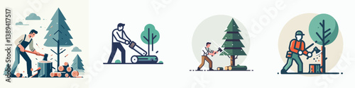 vector set of people cutting trees in flat design style