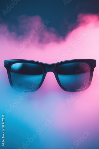 Unique sunglasses display with colorful fog in the background during a creative photoshoot