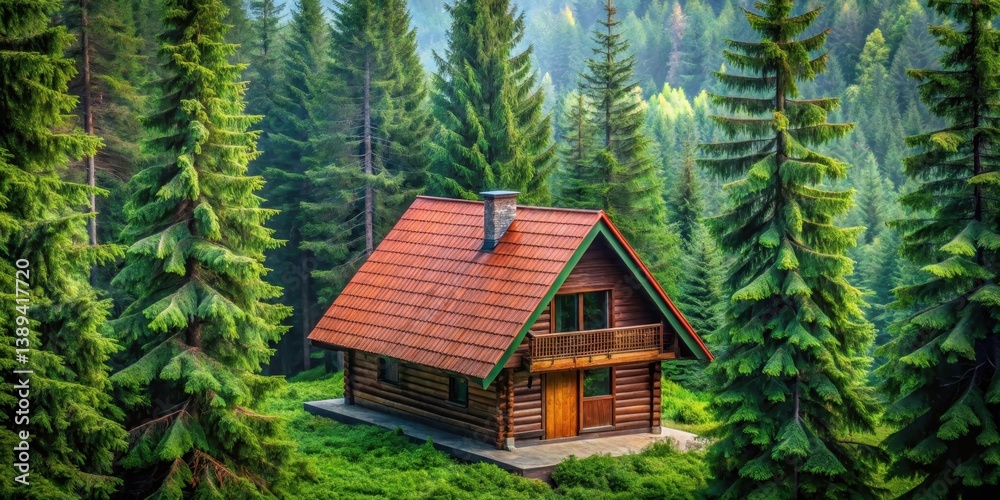 Secluded Wooden Cabin Nestled Amongst Lush Evergreen Trees in a Serene Forest Setting Secluded Wooden Cabin Nestled Amongst Lush Evergreen Trees in a Serene Forest Setting