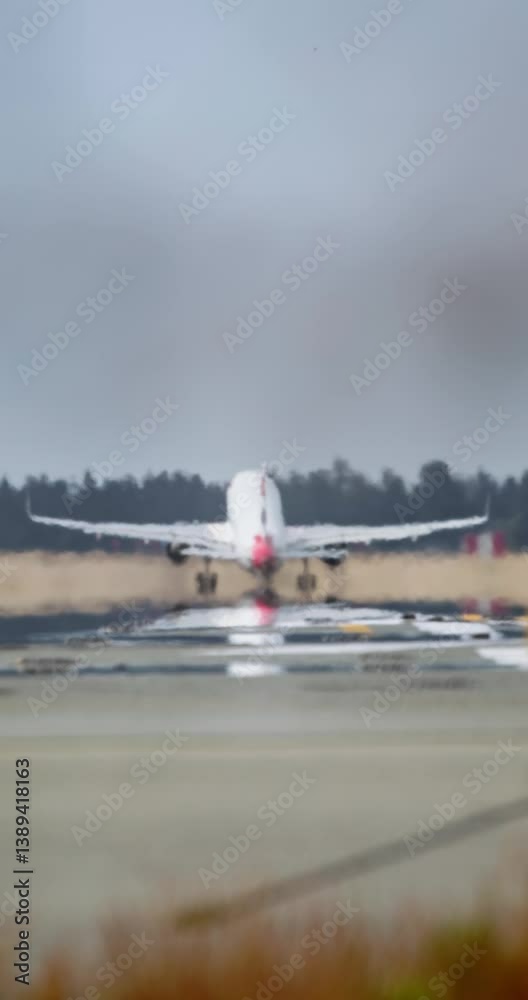 Aerial shot of an aircraft taking off from the runway, captured from the front as it ascends into the sky.. reflecting the structure and choreography of modern aviation Aerial shot of an aircraft taking off from the runway, captured from the front as it ascends into the sky.. reflecting the structure and choreography of modern aviation