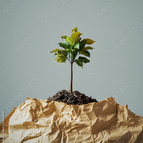 Small tree sprouts from crumpled paper