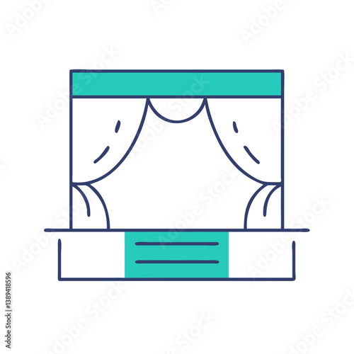 A minimalist illustration of a theater stage with curtains, representing dramatic performances, creative arts display, theatrical ambiance, and the essence of live entertainment.