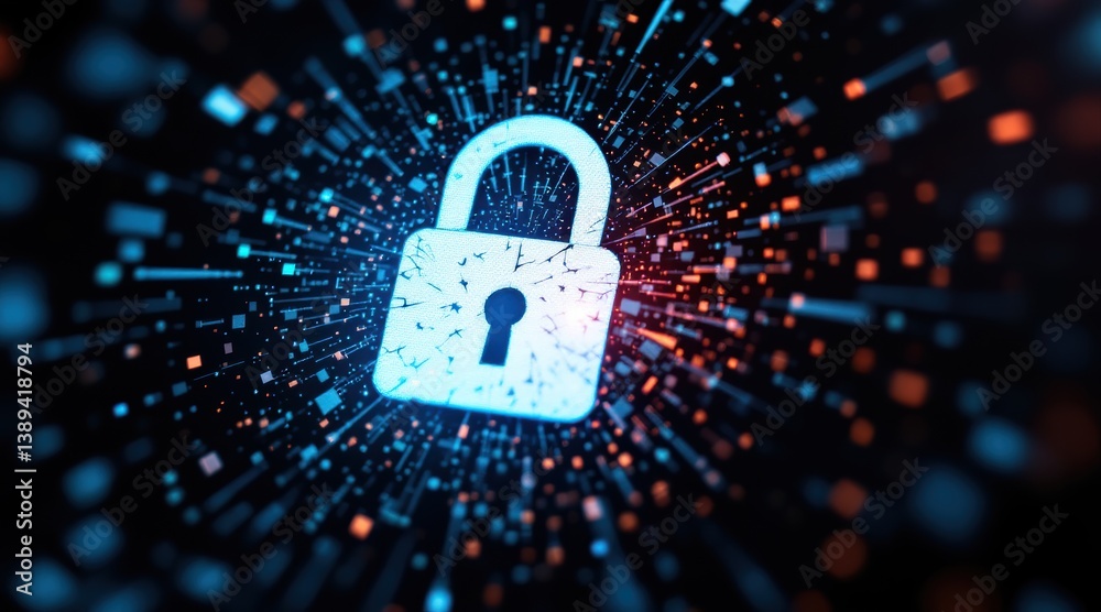 Digital lock icon surrounded by a burst of glowing particles, symbolizing cybersecurity and data protection.