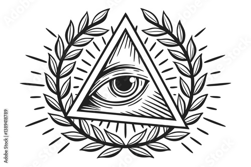 68 Illuminati symbol, all-seeing eye, triangle, laurel wreath, detailed illustration, black and white, engraving style, symmetrical design, mystic, occult, esoteric, banner, rays of light, intricate l