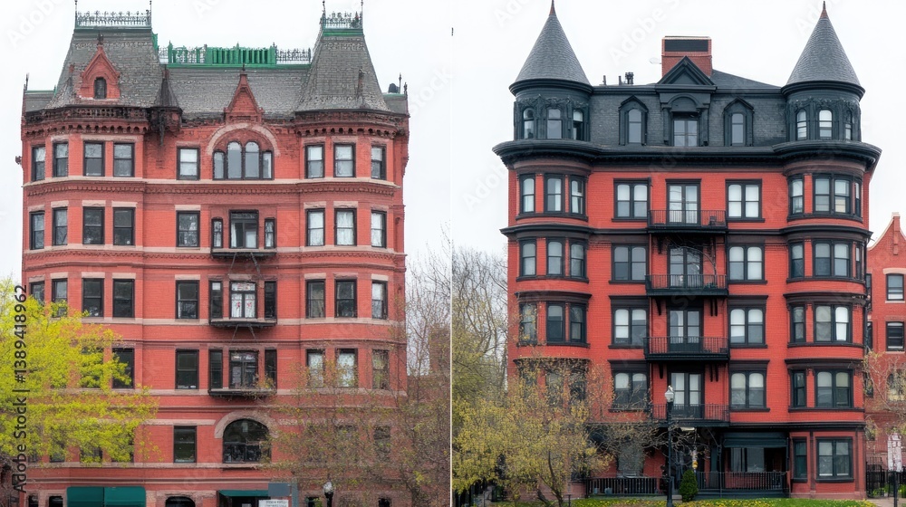 Fototapeta premium Red brick buildings stand adjacent; old architectural style, urban setting, cloudy background