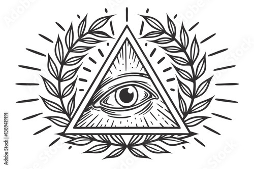 68 Illuminati symbol, all-seeing eye, triangle, laurel wreath, detailed illustration, black and white, engraving style, symmetrical design, mystic, occult, esoteric, banner, rays of light, intricate l