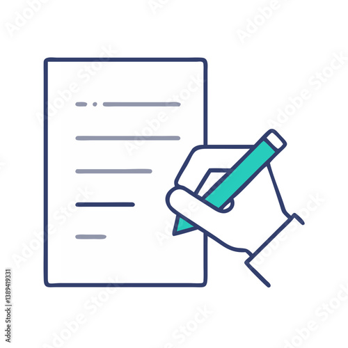 Hand holding a pen and writing on a sheet of paper, concept of signing documents, taking notes, filling forms, education or office work, minimal line icon in flat design style for busines