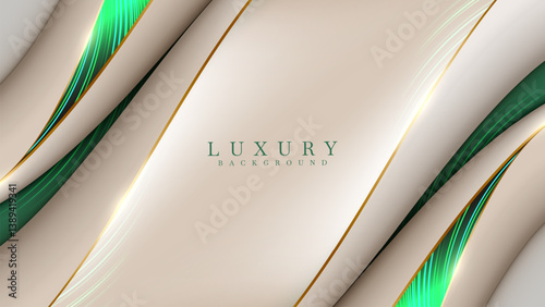 Luxury golden line on cream background with glowing emerald green. Elegant realistic 3d paper cut style. Vector illustration about soft and beautiful feeling.