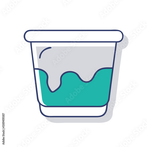 A plastic laboratory sample cup filled with liquid, medical test container icon in flat minimal style, blue and white color palette, concept of medical analysis, diagnostics, and healthca