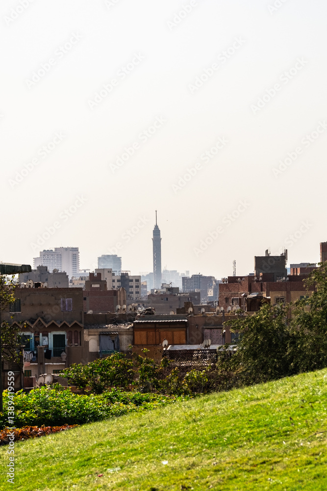 Fototapeta premium Cairo, Egypt. Panoramic view of Cairo from drone point of view. Mosques and rooftops of buildings.