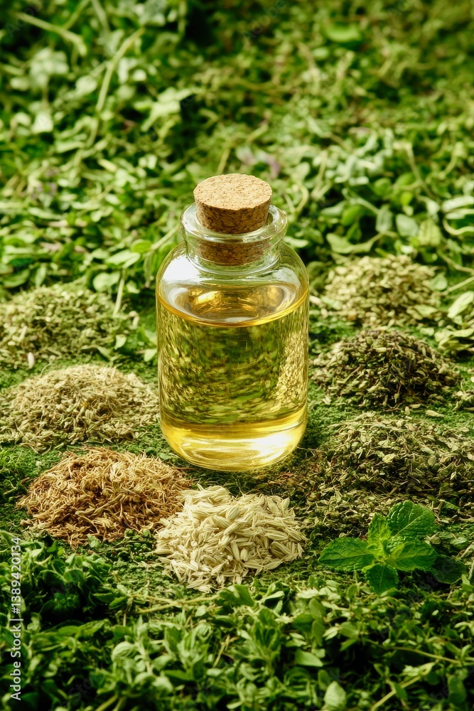 Herbal tincture bottle surrounded by labeled herb samples: valerian, mint, fennel, wormwood Herbal tincture bottle surrounded by labeled herb samples: valerian, mint, fennel, wormwood