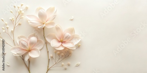 Elegant cream magnolia blossoms and delicate dried flowers arranged on a smooth, textured background