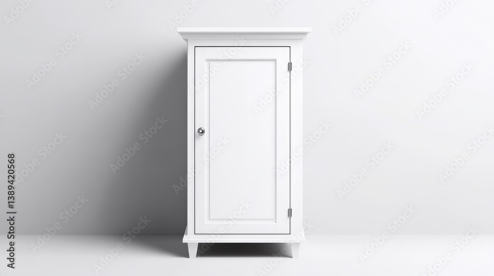 A simple white cabinet stands against a plain white wall. The cabinet has a single door and small feet. The image is clean and minimalist, with even lighting. Its a high-quality, digitally rendered A simple white cabinet stands against a plain white wall. The cabinet has a single door and small feet. The image is clean and minimalist, with even lighting. Its a high-quality, digitally rendered