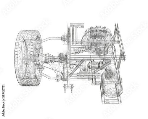 A drawing of a car with a tire and a wheel. The drawing is in black and white and is very detailed