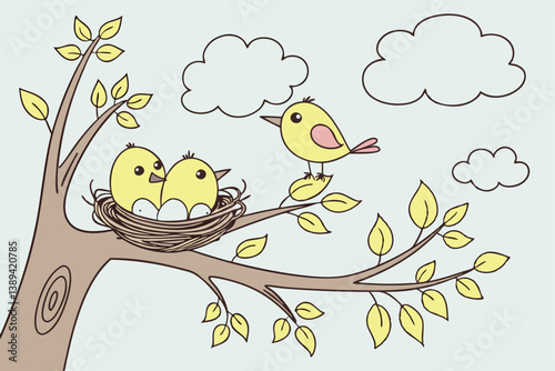 69 Cartoon bird family, nest with eggs, tree branch, fluffy white clouds, pale blue sky, cute yellow birds, stylized illustration, flat design, pastel colors, minimalist, whimsical, family theme, natu