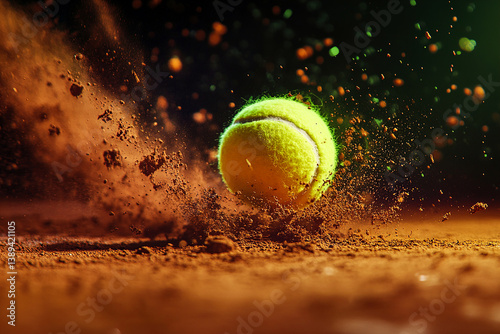 Tennis Ball Hitting the Ground on a Clay Court with Flying Dust Particles