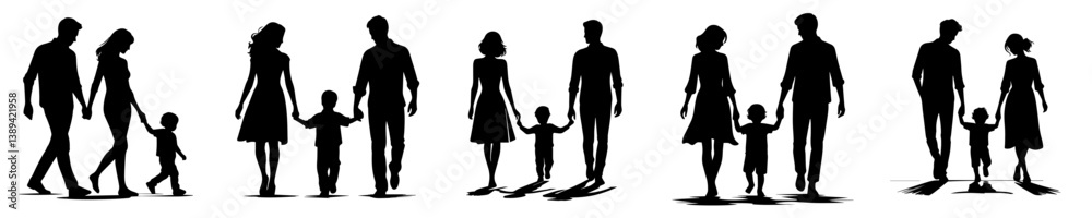 happy family walking silhouette vector set happy family walking silhouette vector set