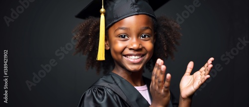 Bright and joyful graduate proudly celebrating achievement with beaming smile in black graduation gown and cap against isolated dark background