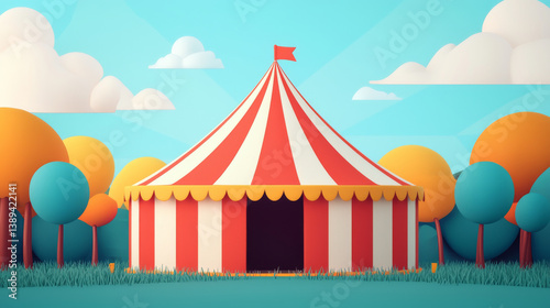 colorful circus tent stands vibrant landscape, surrounded by stylized trees and bright blue sky. red and white stripes of tent create cheerful atmosphere, inviting visitors to enjoy festivities