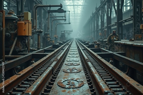 Abandoned industrial train tracks in foggy warehouse
