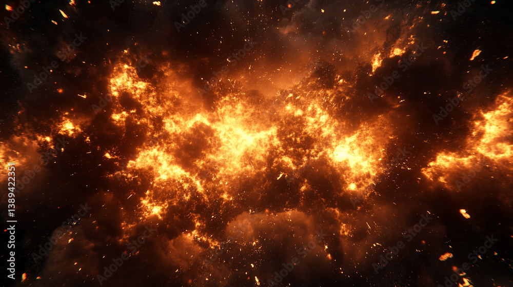 Fototapeta premium Massive fiery explosion with glowing embers and dark smoke clouds