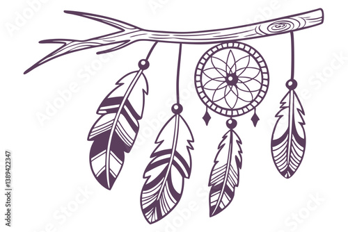 70 Feather dreamcatcher illustration, bohemian style, hand-drawn, simple line art, purple monochrome, native American inspired, rustic wooden branch, hanging feathers, decorative patterns, spiritual s