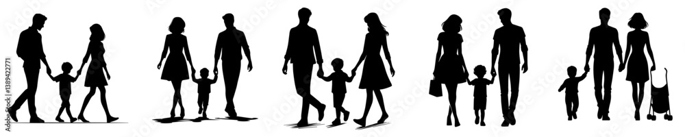 happy family walking silhouette vector set happy family walking silhouette vector set