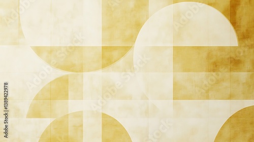 Abstract geometric pattern with gold and white semi-circles and squares.