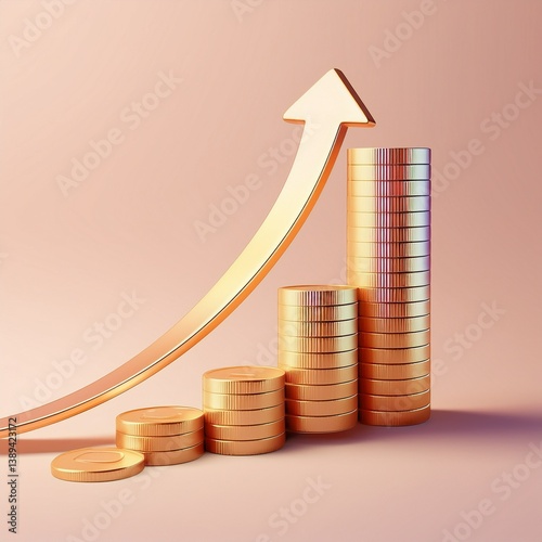 A graphic depicting stacks of coins with an upward arrow, symbolizing financial growth and investment.