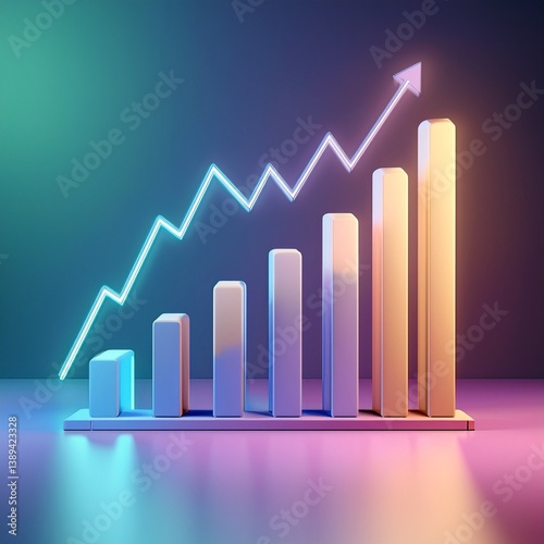 A colorful 3D bar graph shows increasing values, representing growth or progress in a business or financial context.