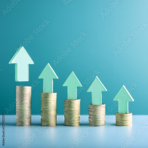 A visual representation of financial growth, featuring stacks of coins with upward arrows, symbolizing increasing profits or investments against a blue background.