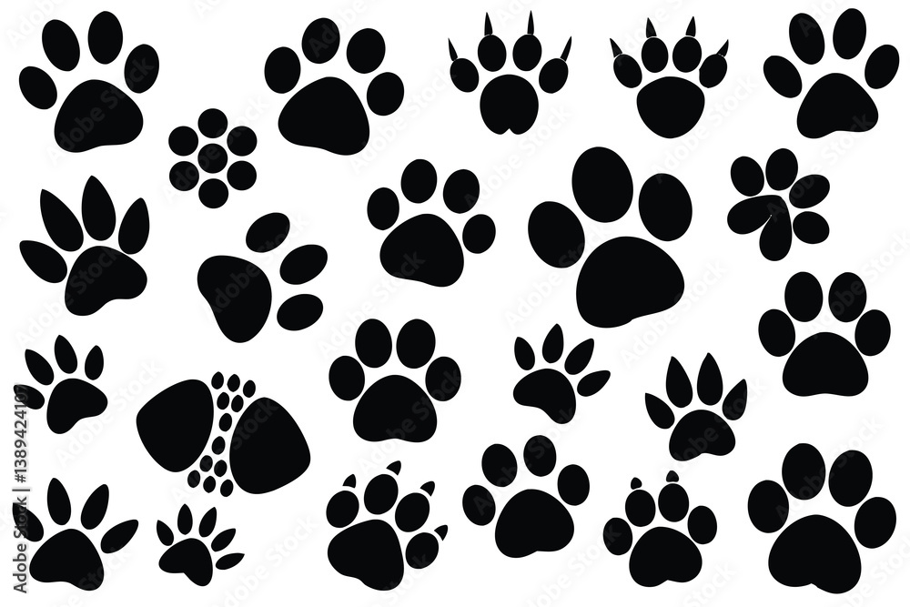 Fototapeta premium Vector illustration of Various Dog Paw Prints black and white.