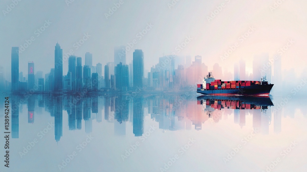 Fototapeta premium Double Exposure of Cargo Ship at Sea with City Skyline Reflection