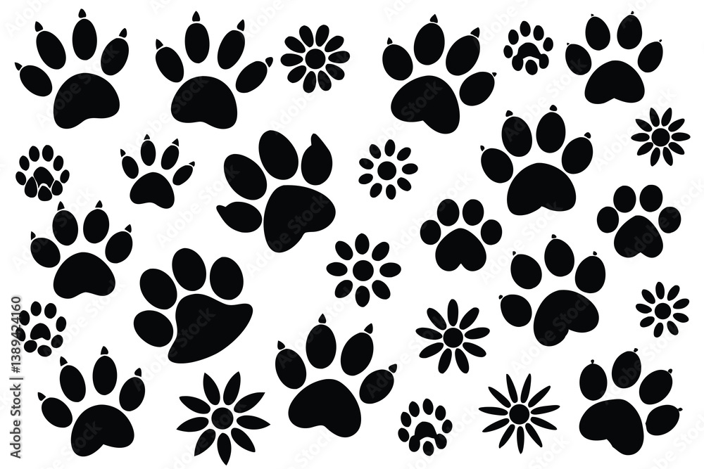 Fototapeta premium Vector illustration of Various Dog Paw Prints black and white.
