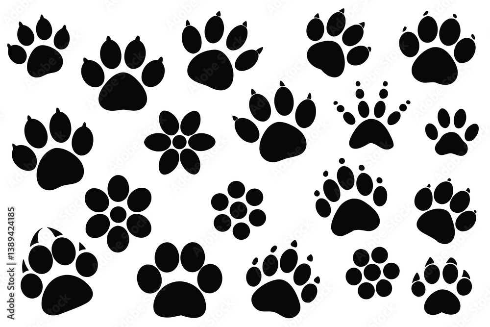 Vector illustration of Various Dog Paw Prints black and white. Vector illustration of Various Dog Paw Prints black and white.