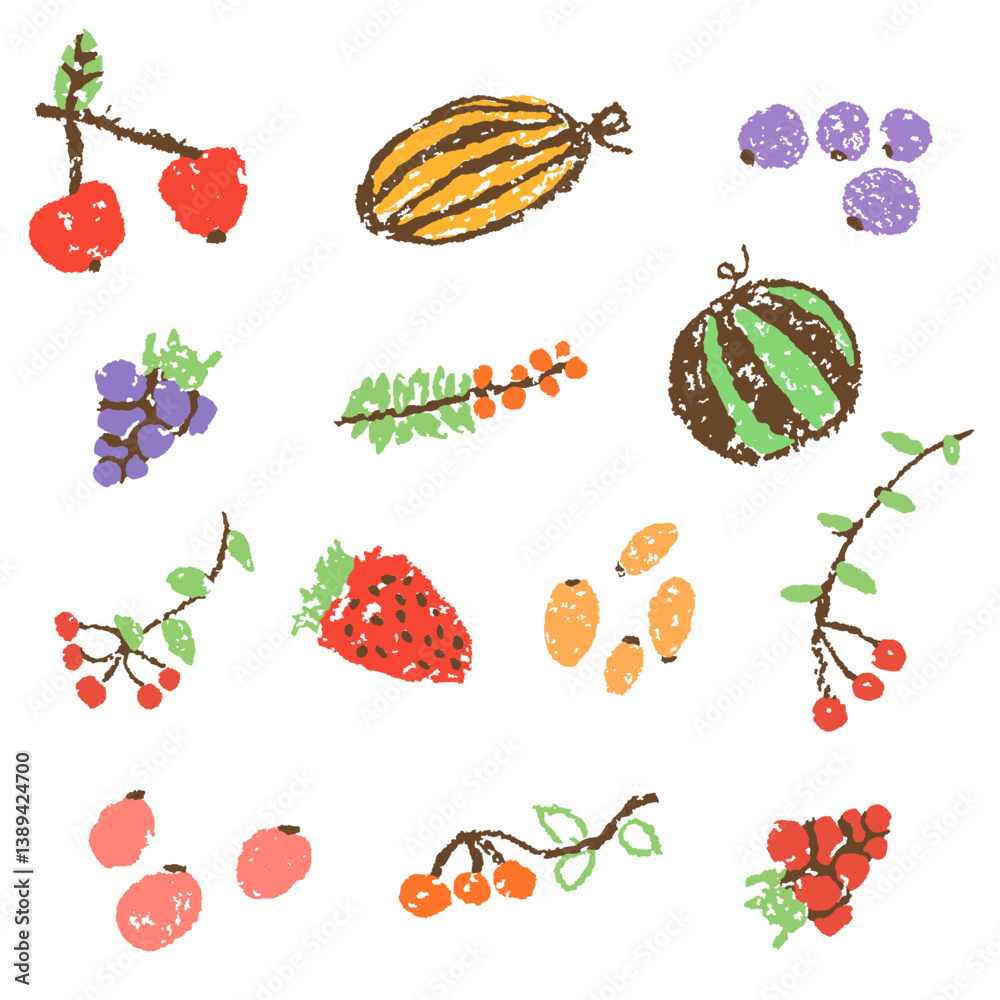 Hand drawn fruits vegetables set. Harvest autumn healthy food. Crayon like kid`s hand drawn colorful bright funny cartoon doodle style. Vector pastel chalk or pencil childlike berries, melon, cherry