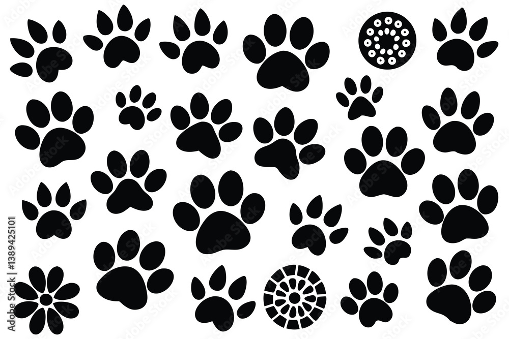 Fototapeta premium Vector illustration of Various Dog Paw Prints black and white.