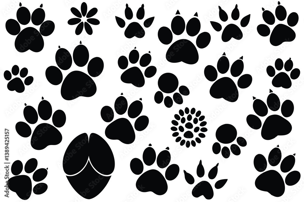 Fototapeta premium Vector illustration of Various Dog Paw Prints black and white.