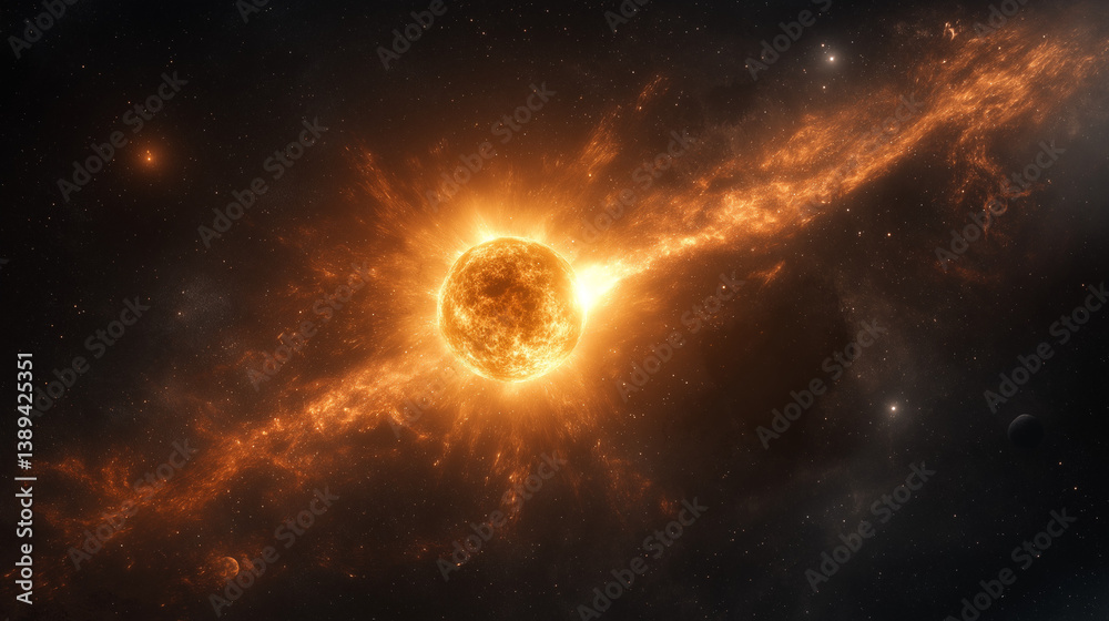 Obraz premium Cosmic Revelation: A celestial spectacle unfolds as a radiant sun ignites a vibrant nebula, illuminating the vast expanse of the cosmos. Captivating viewers with its raw energy, intricate details.