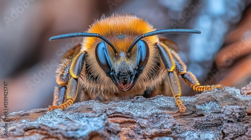 Golden Hour for a Pollinator Macro Close-up of a Honeybee on Bark, Eyes and Antennae in Focus