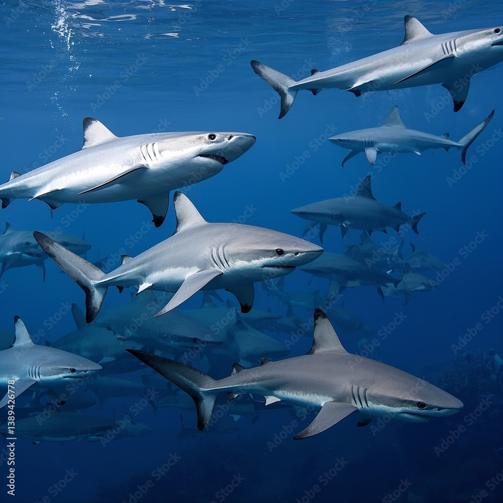 Fototapeta premium Group of sharks in formation swimming in transparent ocean waters.
