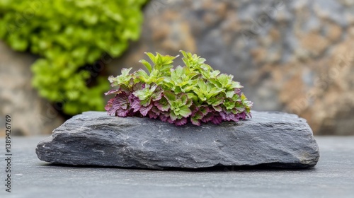 Photo of rare shiso leaf greens, vibrant purple underside and green top, culinary use
