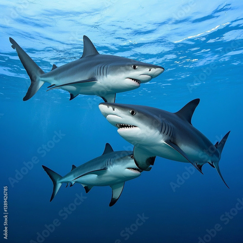 Group of sharks in formation swimming in transparent ocean waters.