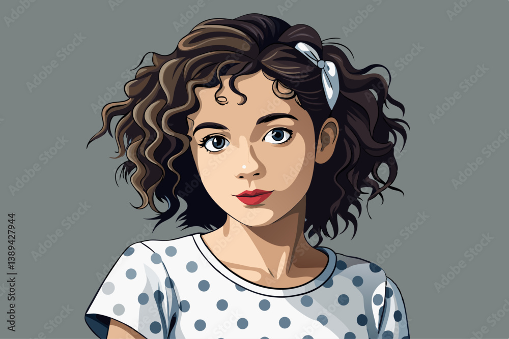 vector of Girl model with curly tied hair and white polka dot t-shirt on gray background, studio portrait vector of Girl model with curly tied hair and white polka dot t-shirt on gray background, studio portrait