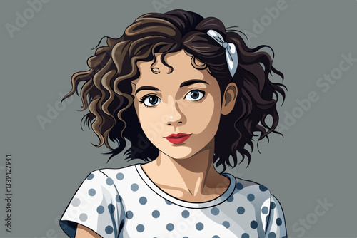 vector of Girl model with curly tied hair and white polka dot t-shirt on gray background, studio portrait