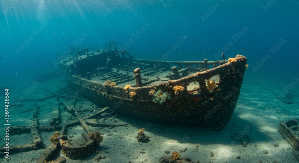 Sunken Shipwreck in Calm Waters - Underwater exploration, serene ocean, decaying vessel, marine life, historical artifact. Symbolizing mystery, time's passage, nature's reclamation, hidden treasures Sunken Shipwreck in Calm Waters - Underwater exploration, serene ocean, decaying vessel, marine life, historical artifact. Symbolizing mystery, time's passage, nature's reclamation, hidden treasures
