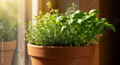Sunlit Herb Garden in Terracotta Pot - Vibrant herbs, basil, thyme, rosemary, thriving in sunlight, symbolize growth, freshness, nature, culinary delights, and homegrown goodness