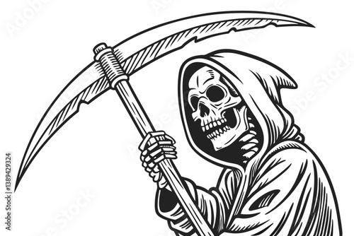 73 Black and white illustration, skeletal hand gripping a scythe, detailed ink drawing, memento mori, grim reaper symbolism, sharp contrasts, gothic artwork, intricate linework, macabre imagery, dark 