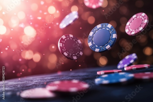 Poker chips levitate above a velvet-like surface with warm highlights and glowing particles in air