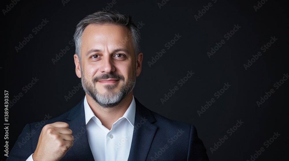 A confident businessman with clenched fist in a dark studio setting, wearing a dark suit and white shirt, and professional portrait with a motivational gesture. A confident businessman with clenched fist in a dark studio setting, wearing a dark suit and white shirt, and professional portrait with a motivational gesture.